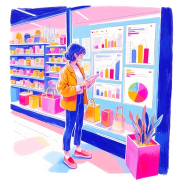 A shopper is standing in a modern retail environment, focusing on a large digital screen displaying various products. The shopper is a middle-aged woman with short dark hair, wearing a casual outfit. She is holding a tablet in one hand while looking intently at the screen. Surrounding her are several floating analysis graphs and charts, showcasing comparisons of product features like price, quality, and customer ratings. The background consists of shelves filled with different products, enhancing the shopping atmosphere.