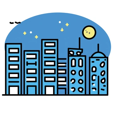 A city skyline at night, featuring a collection of tall buildings with various architectural designs. The windows of the buildings are illuminated with tiny "twinkling lights," enhancing the night atmosphere. A "bright moon" hangs in the sky, casting distinct shadows on the facades of the buildings. The scene captures the contrast between the dark sky and the lit-up structures, creating a vibrant urban landscape.