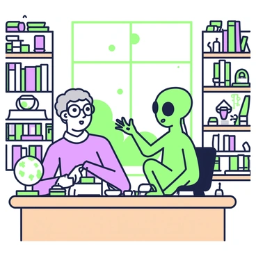 Professor Shonku is seated at a wooden desk, surrounded by bookshelves filled with various scientific books and curiosities. He has gray hair and wears round glasses. Across from him, a small green alien with large eyes and a round head sits on a chair. The alien has three fingers on each hand and is animatedly gesturing while speaking. A globe sits on the desk along with a steaming cup of tea, and there are various scientific gadgets scattered around. Sunlight filters through a window, illuminating the two as they engage in a friendly conversation.