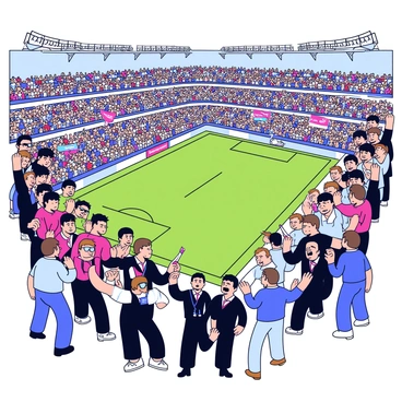 A stadium filled with a large crowd, divided into two sections. On one side, a group of ultras wearing black and red jerseys displays banners and flags. Their expressions are intense as they engage in loud chants. On the opposite side, another group of ultras in blue and white jerseys stands in a similar fashion, holding their own banners high. The atmosphere is charged with energy as the two groups glare at each other, creating a palpable tension. Security personnel are positioned between the groups, ready to intervene. The field is visible in the background, with bright stadium lights illuminating the scene.