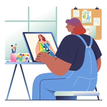 A digital artist with light brown skin and shoulder-length curly hair is sitting at a modern desk, focused on illustrating a fashion model on a tablet. The artist is wearing a fitted black t-shirt and denim overalls. The tablet screen displays a vibrant fashion illustration featuring a model in an elegant dress with bold patterns and colors. Surrounding the artist are colorful art supplies, including a palette of paints, brushes in a holder, and various sketches pinned to a corkboard on the wall. The background has an organized yet artistic workspace ambiance, with a large window letting in natural light.