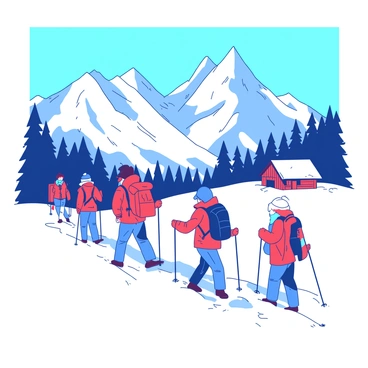 A group of adventurers is trekking through a snowy mountain pass. The adventurers are dressed in colorful winter gear, including bright red jackets and blue snow pants. Each individual carries a backpack and is equipped with trekking poles. The snow-covered mountains rise majestically in the background, with jagged peaks piercing the sky. The sky is clear and a bright blue, creating a stark contrast with the white snow below. In the distance, a small wooden cabin can be seen nestled among the trees, providing a sense of scale to the vast landscape. The adventurers are making their way cautiously yet determinedly through the pristine snow.