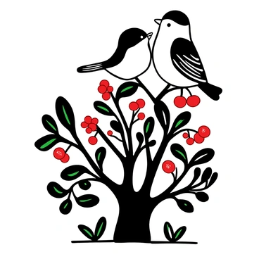 A chickadee perched on a branch, pecking at bright red berries clustered among the green leaves of a bush. The bush is dense and slightly spiky, with various sizes of berries visibly hanging from the twigs. The chickadee has a rounded body and distinctive markings, showcasing its features in intricate detail against the textured foliage surrounding it. Small, scattered leaves and a few fallen berries are on the ground below, adding to the natural setting.