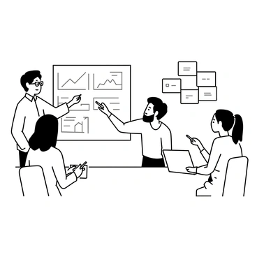 A group of four people is gathered around a large table in a meeting room. One person, a man with glasses, is pointing at a whiteboard filled with charts and graphs. Another person, a woman with shoulder-length hair, is writing on a sticky note while looking thoughtfully at the board. A third person, a man with a beard, is reviewing notes on his laptop, and the fourth person, a woman with a ponytail, is discussing ideas while holding a pen. Various sticky notes in different shapes and sizes are attached to the wall, displaying messages and reminders. The atmosphere of the room appears focused and collaborative.