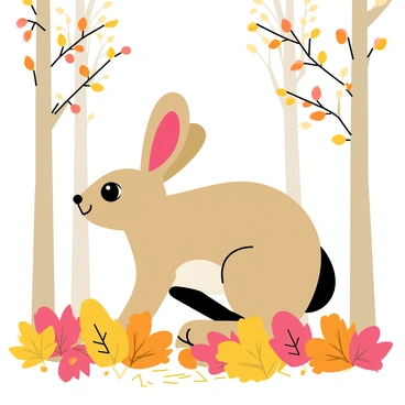 A hare with soft brown fur is positioned in the center of the image. Its large ears are perked up, and its curious eyes are looking to the side. The hare is surrounded by a vibrant blanket of colorful fallen leaves, including shades of red, orange, and yellow. The background features tall trees with branches adorned with remaining autumn foliage, creating a cozy forest atmosphere. The ground is covered with a mix of leaves, twigs, and patches of green grass, enhancing the autumn setting.