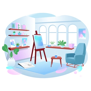 A cozy local art studio filled with various vibrant paintings displayed on the walls. The studio features wooden shelves lined with art supplies, including brushes, paints, and canvases. A large easel stands in the center, showcasing a half-finished canvas with bright colors. Natural light streams in through large windows adorned with potted plants. The floor is covered with a colorful woven rug, and a comfortable chair is placed nearby, inviting creativity. An open sketchbook rests on a small table next to a steaming cup of coffee.