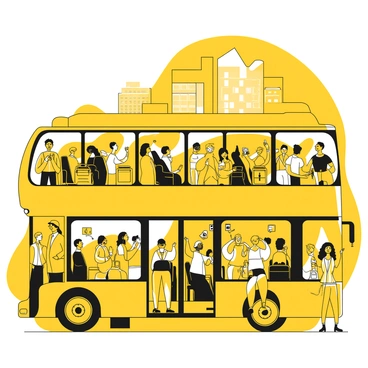 A double-decker bus packed with commuters at rush hour. People of various ages and ethnicities are standing and sitting, some holding onto the overhead straps for balance. A man in a yellow jacket is standing near the front, while a woman in a yellow dress is seated beside a window, gazing outside. The interior of the bus is filled with backpacks, briefcases, and mobile phones. The bus is in motion, with buildings and trees visible through the windows. The crowded atmosphere is palpable as people converse or look at their devices.