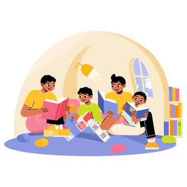 A cozy nook with a soft, plush carpet and colorful cushions scattered around. Several children are sitting together, deeply engaged in reading various books. One child has a bright red book, while another holds a blue book with a shiny cover. The nook is illuminated by warm, golden light coming from a nearby lamp, creating a welcoming atmosphere. A small bookshelf filled with books is positioned against the wall, and there's a window showing a blue sky outside.