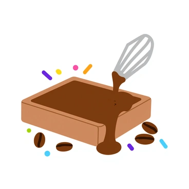 A stream of rich, melted chocolate is being poured into a smooth, rectangular mold. The chocolate is glossy and deep brown in color, creating a shiny surface as it cascades down. Surrounding the mold are scattered cacao beans and a small whisk, hinting at the preparation process. The background features a few colorful sprinkles that suggest a festive atmosphere. The scene captures the moment of transformation, with chocolate pooling at the bottom of the mold, ready to set into a delicious dessert.