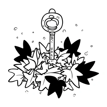 An ancient, rusted key is positioned prominently atop a thick layer of assorted autumn leaves. The leaves are various shapes and sizes, displaying intricate textures, and are in different stages of decay. The background features a subtle scattering of additional leaves, enhancing the sense of a natural setting. The key shows signs of wear, with intricate carvings visible on its surface, hinting at its long history. Soft shadows are cast by the key, adding depth to the arrangement.