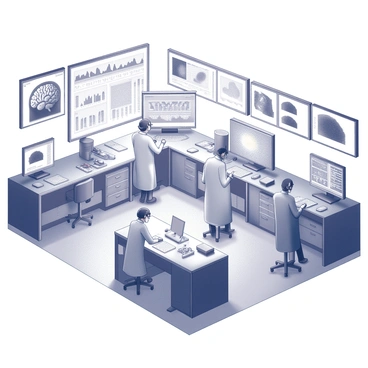 A futuristic research lab where scientists are studying the amygdala with high-tech equipment and monitors.