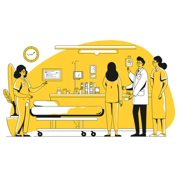 A hospital emergency room filled with medical staff actively preparing for incoming patients. A nurse in yellow scrubs is organizing medical supplies on a counter, while a doctor in a white coat checks the status of medical equipment. Nearby, a patient bed is positioned, and another nurse is setting up an IV drip. Charts and monitors display vital signs on the walls. The atmosphere is busy, with personnel communicating and moving efficiently throughout the space.