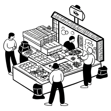 A bustling seafood market filled with activity. Neatly stacked rows of fresh mackerel on display, arranged on ice. Fishermen are behind the counters, preparing the fish. Various seafood items, such as crabs and shrimp, are also visible on the tables. Customers are browsing, inspecting the products, and engaging with the vendors. The overall atmosphere conveys a lively marketplace dedicated to fresh seafood.