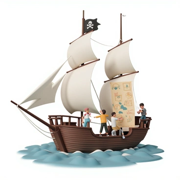 A large, wooden pirate ship with multiple sails billowing in the wind. The ship is adorned with a skull and crossbones flag flying high above. On the deck, a group of children dressed as pirates are gathered around an old, weathered treasure map. Some children are wearing bandanas and eye patches, while others have toy swords and hats. They are pointing excitedly at different locations on the map, with a couple of them climbing on the ship’s railing to get a better view. The ocean waves are gently crashing against the ship’s hull, and a bright sunny sky can be seen overhead.