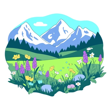 A high mountain meadow is filled with vibrant wildflowers beginning to bloom under the bright spring sun. The meadow features patches of colorful flowers in various shapes and sizes, including yellows, purples, and blues. In the background, there are towering snow-capped peaks that contrast with the lush greenery of the meadow. The sunlight casts soft shadows across the landscape, highlighting the delicate petals of the flowers and the fresh greenery surrounding them. A gentle breeze ruffles through the meadow, adding movement to the scene.