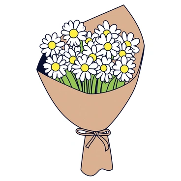 A hand-tied bouquet of white daisies with bright yellow centers. The flowers are neatly arranged, their stems gently tied together with a natural twine. The bouquet is wrapped in simple brown paper, which gives it an earthy, rustic look. The edges of the paper are slightly crumpled, adding texture to the composition. The bouquet is positioned on a light wooden surface, enhancing the natural aesthetic.