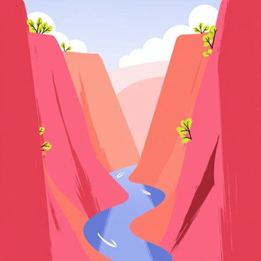 A deep canyon with steep, vertical walls showcasing rich reddish-brown rock formations. The canyon floor features a winding river that flows through the center, reflecting the surrounding cliffs. Sunlight casts shadows across the rock faces, highlighting the textures and layers of the stone. Sparse vegetation clings to the edges of the canyon, with a few hardy trees growing in crevices along the rock formations. The sky above is a clear blue, adding contrast to the vibrant colors of the canyon.