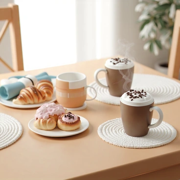 A wooden breakfast table set for a cozy winter morning. On the table, there are two steaming mugs of "hot cocoa" topped with whipped cream and chocolate shavings. A variety of "pastries" including croissants and cinnamon rolls are displayed on a white plate. The table is adorned with "woolen placemats," providing a warm texture against the wood. Soft, natural light filters in, illuminating the scene and accentuating the inviting atmosphere.