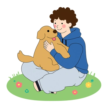 A young person with short curly hair and light brown skin is sitting on a soft green grassy patch. They are wearing a cozy blue hoodie and comfortable joggers. The person is gently cuddling a fluffy golden retriever puppy, who has big brown eyes and a wagging tail, looking up at them with joy. The puppy is nestled in the person's arms, its ears flopping adorably. Both the person and the puppy have content expressions, with the person smiling softly and the puppy playfully sticking out its tongue. Surrounding them are a few colorful flowers blooming in shades of yellow and pink.