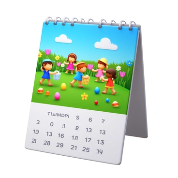 A calendar page for April featuring a vibrant garden scene. In the foreground, several children are joyfully searching for colorful Easter eggs hidden among the flowers and grass. The children are dressed in spring outfits, such as dresses and shorts, while wearing hats and baskets to collect the eggs. The garden is filled with blooming flowers in various colors, such as tulips and daisies, and a clear blue sky is visible above. The calendar grid at the bottom displays the days of the month, with a few highlighted dates for Easter.