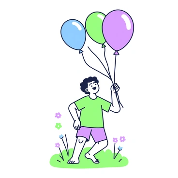 A child is standing on a grassy field, looking up with a joyful expression. The child is holding a string attached to several balloons, which are shaped like fingers pointing upwards. The balloons are colorful and vary in size, all rising into the blue sky. The child's hair is tousled by a gentle breeze, and they are wearing a bright t-shirt and shorts. Around the child, there are hints of wildflowers scattered on the ground, adding a touch of vibrancy to the scene.
