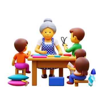 A grandmother demonstrating traditional craftwork to her grandchildren. The grandmother is sitting at a wooden table, surrounded by colorful materials. She has silver hair tied in a bun and wears a patterned apron. The grandchildren, two boys and a girl, are attentively watching her. One boy is holding a pair of scissors, while the girl is reaching for a piece of fabric. The other boy is taking notes in a small notebook. The scene is filled with various crafting tools and supplies, creating a lively and engaging atmosphere.