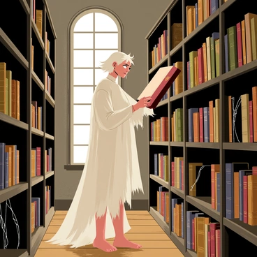 A ghostly librarian with a translucent figure is standing in a dusty, old library filled with towering shelves of books. She has wispy white hair and is wearing a tattered, vintage dress. The librarian is gently organizing books, using a delicate hand to slide a thick, leather-bound volume into place on a shelf. Cobwebs hang in the corners of the room, and the wooden floorboards creak softly beneath her ethereal presence. Dim light filters through a large, arched window, casting shadows across the rows of books, giving the scene a mystical atmosphere.