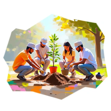A group of diverse individuals, including a Black man, a Hispanic woman, an Asian woman, and a Caucasian man, are engaged in planting saplings in a lush green park. They are using small shovels and trowels to dig holes in the rich soil. Each person is wearing casual outdoor clothing, with some in hats and gloves for protection. Sunlight filters through the trees, casting dappled shadows on the ground. A soft breeze causes the leaves to rustle, and a few birds can be seen perched nearby. The saplings, in small biodegradable pots, are scattered around them, ready to be planted.