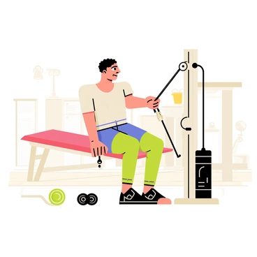 A vintage illustration featuring a man performing an early version of the seated cable row exercise. The man has a strong build and is sitting on a simple wooden bench. He is pulling on a cable attachment with both hands, demonstrating the rowing motion. The cable setup includes a pulley system mounted on a vertical post. There are weights on the floor near the base of the setup, showcasing the exercise equipment of the era. The background features elements typical of the 1920s gym, such as wooden flooring and antique fitness machines. The overall color palette is muted, reflecting the historical context of the 1920s.