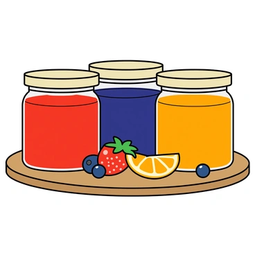 An artistic representation of various fruit jams like strawberry, blueberry, and orange in colorful jars.