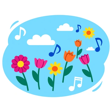 Colorful music notes floating through a bright blue sky. As they move, the notes transform into various flowers, such as roses, daisies, and tulips, each in vibrant colors. The flowers are depicted at different stages of blooming, showcasing their petals unfurling. The scene captures the dynamic movement of the notes and the flowers, creating a visual flow that illustrates the concept of transformation and beauty.