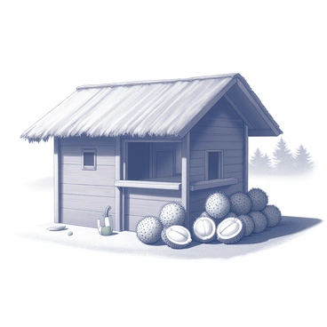 A small roadside shop with a thatched roof sits in a rural area. The shop has wooden walls with a small window in the front. Stacks of durians are prominently displayed outside, arranged in neat piles. The ground in front of the shop is dust, and there are a few scattered leaves nearby. A faint outline of trees can be seen in the background, indicating the rural setting.