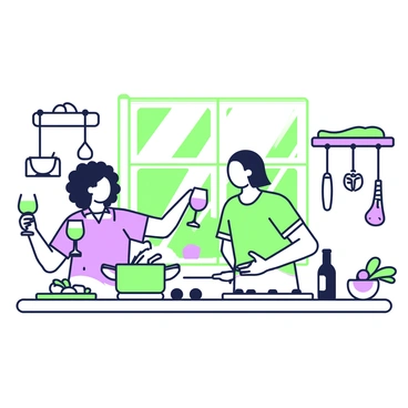 Two friends are standing in a stylish kitchen, engaging in the process of cooking together. One friend, with curly hair, is stirring a pot on the stove while holding a glass of wine in their right hand. The other friend, who has straight hair, is chopping vegetables on a cutting board, also holding a glass of wine in their left hand. They are surrounded by various kitchen utensils hanging on the walls and fresh ingredients laid out on a counter. A bottle of wine sits on the counter next to a corkscrew, contributing to the atmosphere. Sunlight streams in through a window, illuminating the space.