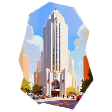 A majestic 1920s art deco skyscraper stands tall with an intricate facade featuring geometric patterns, ornate carvings, and sleek lines. The building is adorned with decorative motifs that reflect the elegance of the era. Its towering height reaches towards a clear blue sky, creating a stunning visual contrast. Sunlight glints off the polished surface of the skyscraper, enhancing its architectural details and grandeur. Surrounding the base of the building, city streets are bustling with activity, emphasizing the urban setting.