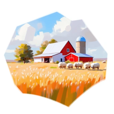 A charming farmhouse with white siding and a sloping roof stands prominently in the foreground. Next to it, a bright red barn with a classic design adds a vibrant touch to the scene. Surrounding the farmhouse and barn are expansive fields of golden wheat, swaying gently in the breeze. In the distance, several fluffy white sheep graze peacefully on the lush grass, adding life to this pastoral setting. The sky above is clear with a few fluffy clouds, completing the idyllic rural landscape.