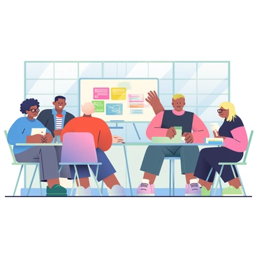 In a spacious community hall, a group of professionals is conducting a skills workshop for young adults. The facilitators, consisting of three individuals—one woman with dark curly hair and a blue blouse, one man with short hair and glasses wearing a red shirt, and another woman with straight blonde hair in a black dress—are actively engaging with the participants. The young adults, a diverse group in casual clothing, are seated at tables with notebooks and laptops open in front of them. A large whiteboard at the front displays colorful charts and diagrams related to skill development. Bright sunlight streams through the windows, illuminating the room filled with enthusiasm and collaboration.