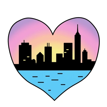 A city skyline with several tall skyscrapers arranged to create the outline of a heart shape. The buildings are silhouetted against a vibrant sunset, showcasing shades of orange, pink, and purple in the sky. The heart-shaped arrangement is prominent, with some buildings featuring lights that illuminate their edges. In the foreground, a calm body of water reflects the colorful sky and the heart-shaped skyline, enhancing the visual impact of the scene.
