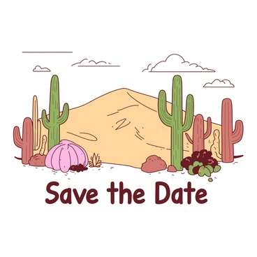 A sandy desert landscape filled with various cacti of different sizes and shapes. The cacti are arranged to form the words "Save the Date" clearly visible in the foreground. The sand dunes in the background have gentle curves, creating a natural flow around the cacti. The sky above is bright and clear, with a few wispy clouds scattered throughout. The sunlight casts soft shadows, enhancing the textures of the cacti and the rippled sand.