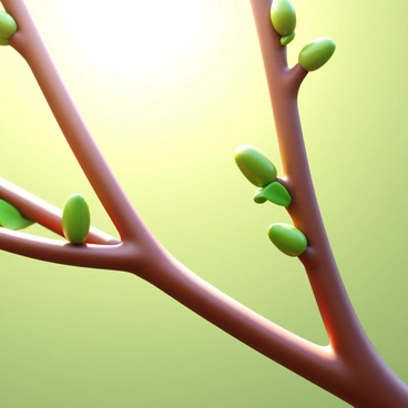 A close-up view of tree branches showcasing tiny buds that are ready to bloom into spring flowers. The branches are slender and textured, with a natural brown bark. The buds are small, greenish, and tightly closed, hinting at the vibrant blooms that will emerge. Soft light filters through the branches, creating gentle highlights on the buds, emphasizing their delicate nature. The background is softly blurred, enhancing the focus on the budding branches.