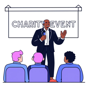 Michael Jordan standing on a stage, wearing a tailored black suit and a crisp white shirt. He is holding a microphone in one hand and gesturing expressively with the other, creating an engaging atmosphere. In front of him, an audience is seated, attentively listening and some are smiling. The background features a large banner with the words "Charity Event" in bold letters. Soft stage lighting casts a warm glow on the scene, highlighting the interaction between Jordan and the audience.