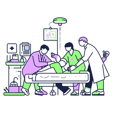 A medical team is gathered around a patient in a hospital room during a cardiac arrest emergency. The team consists of three healthcare professionals: one doctor at the head of the bed performing chest compressions, another doctor monitoring the patient's vital signs on a machine, and a nurse preparing a syringe with medication. Equipment such as a defibrillator is positioned nearby, ready for use. The room is filled with medical supplies, including an oxygen tank and various instruments, organized on a tray to the side. Bright overhead lights illuminate the scene, focusing on the urgent efforts of the team as they work in unison to save the patient's life.