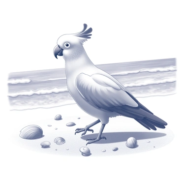 A cockatoo walking along a sandy beach with seashells and waves