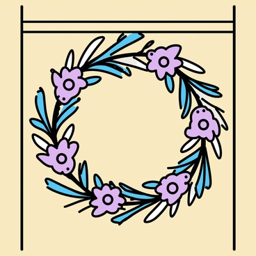 A circular floral wreath, composed of fragrant lavender sprigs and lush eucalyptus leaves, is elegantly hanging on a wooden door. The wreath features a balanced arrangement of the lavender's delicate purple flowers interspersed with the soft green foliage of eucalyptus. The door is adorned in a natural wood finish, providing a warm backdrop for the vibrant wreath. The overall composition showcases the harmonious blend of colors and textures, creating a welcoming entrance.