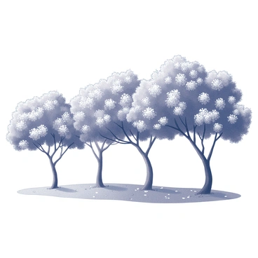 A row of guava trees displaying their lush foliage and abundant blossoms. The trees are tall and full, with branches stretching outward, heavy with delicate white flowers. The ground beneath them is covered in soft grass, dotted with fallen petals, creating a natural carpet. The sky above is clear, giving an open feel to the scene.