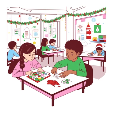 A classroom is filled with colorful festive decorations hanging from the ceiling, including garlands and paper snowflakes. Students are seated at tables, actively engaged in making holiday crafts. One student, a girl with brown hair in braids, is gluing colorful pieces of paper together to create a festive card. Next to her, a boy with curly hair is cutting out shapes for a decoration, surrounded by various craft supplies scattered across the table. The walls of the classroom are decorated with drawings and banners celebrating the holiday season.