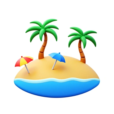 A tropical beach scene featuring palm trees swaying in the breeze. Colorful umbrellas are dotted along the sandy shore, providing shade. Gentle waves softly lap against the shoreline, creating a tranquil atmosphere.