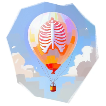 A colorful balloon shaped like a rib cage, inflated and gently floating in the air. The balloon features detailed representations of ribs, creating a striking visual effect. The colors of the balloon range from deep reds to pale whites, mimicking the appearance of bone. It is suspended against a clear blue sky, with a few fluffy white clouds scattered in the background, adding to the whimsical nature of the scene.