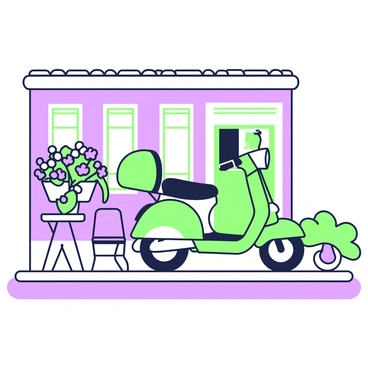 A mini moped parked outside a quaint cafe with blooming window boxes