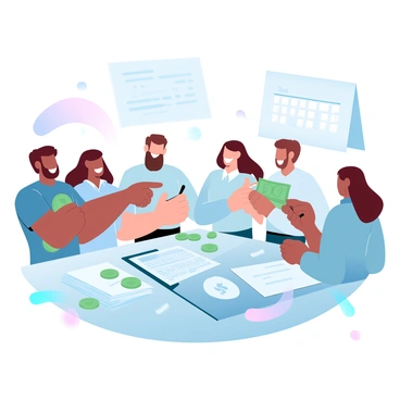 A group of colleagues is gathered around a desk in an office, each holding a stack of cash. They are smiling and exchanging enthusiastic glances as they talk about their plans for the lottery ticket. A large lottery ticket is prominently displayed on the desk, surrounded by scattered bills and coins. One colleague is pointing to the ticket while another is jotting down names on a notepad. There are stacks of paperwork and office supplies scattered around, with a calendar showing the date of the lottery draw in the background.