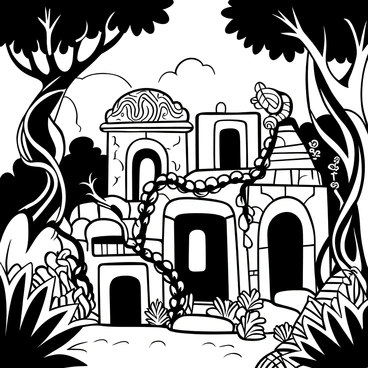 Ancient stone ruins partially hidden by thick vines and foliage, surrounded by towering trees with gnarled roots. The texture of the weathered stones is visible, showcasing intricate carvings and patterns. Lush, dense jungle vegetation surrounds the ruins, with large leaves and creeping plants cascading over the stones. Sunlight filters through the canopy above, creating dappled shadows on the ground. Ferns and smaller plants grow around the base of the ruins, emphasizing the natural reclamation of the site by the jungle.
